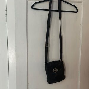 Michael Kors Black Leather Messenger Crossbody with MK Medallion